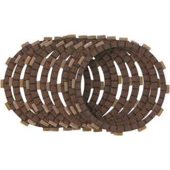 Four brown, circular plates from the EBC Clutch Kit, made with heat-resistant material, are stacked in a slightly overlapping arrangement against a white background.