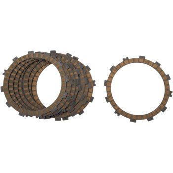 The Clutch Plate Kit Fiber by Hinson Racing includes OEM-style circular clutch plates with notched edges, shown stacked semi-overlapping on the left and a single plate displayed flat and separate on the right.