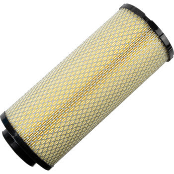 The CF Moto Air Filter by Moose Offroad is a cylindrical filter with black plastic end caps, a neoprene sealing ring, and a yellow diamond-patterned mesh exterior for improved filtration.