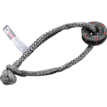 Black braided rope retention pulley with integrated soft shackle and red accent details on pulley ring.