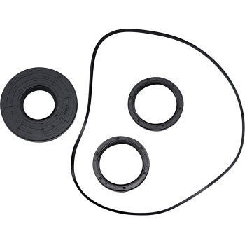 The Polaris Differential Seal Kit Front by Moose Offroad includes four black rubber rings—three seals and one irregularly shaped belt—arranged on a white background, perfect for front differential maintenance.