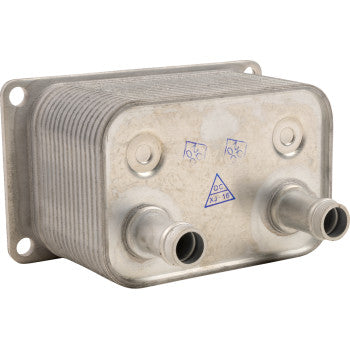 The Polaris Oil Cooler by Moose Offroad is a rectangular metal heat exchanger with parallel plates, two round inlet/outlet pipes, four corner mounting holes, blue front markings and labels. It's designed as a direct OEM replacement.