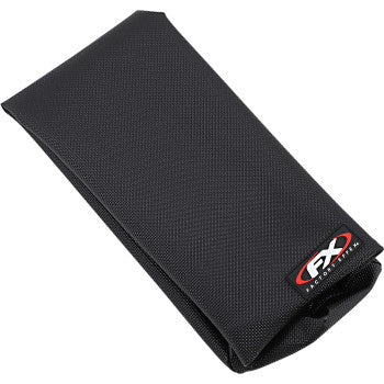 A black textured rectangular Grip Seat Cover for Yamaha Banshee by Factory Effex, featuring a fold-over flap, triple-stitched construction, and a small FX logo patch in the bottom right corner.