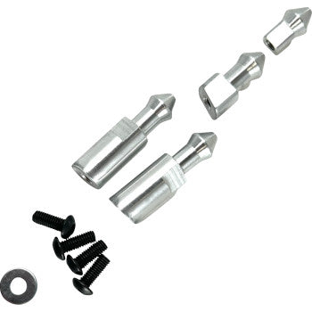 The Can Am Side Panel Pin Kit Set of Four for Can Am Renegade by Quad Logic includes four silver standoffs with pointed tips, five black screws, and one washer, all neatly arranged on a white background.