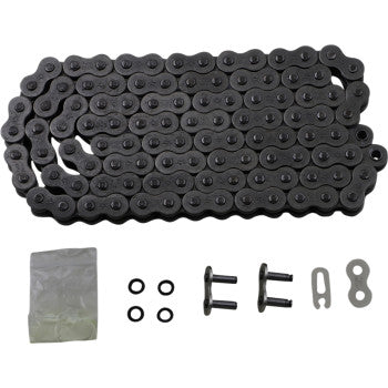 The 520 X1R3 Chain 106 Link by JT Chains is a coiled black metal chain displayed with a small sealed packet, four O-rings, two metal pins, and two metal chain links on a white background.
