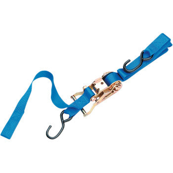 The 1 Ratchet Tied Down Assist Blue by Parts Unlimited features durable nylon webbing, black metal hooks on both ends, and a gold-colored ratcheting mechanism for secure and reliable load fastening.