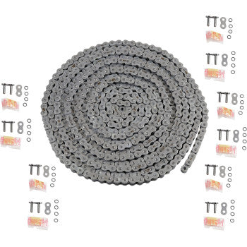 The 530 MAX O Bulk Chain 25 Feet by RK is displayed coiled on a white background, with connecting links, rings, and packets nearby—showcasing its high tensile strength, perfect for reliable chain repairs and installations.
