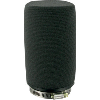 The Pod Air Filter Black Centered by Uni Filter features a seamless, textured cylindrical design with a metal clamp, ensuring maximum airflow for automotive or motorcycle engines.