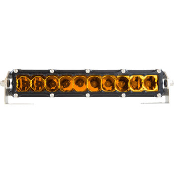 The Heretic Light Bar 10" Flood Spot Amber features ten yellow-orange LEDs in a single row, housed in black and silver with a durable stainless steel mount.