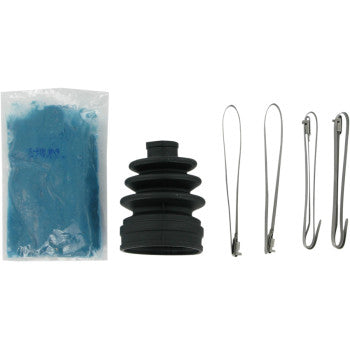 The Yamaha Grizzly/Kodiak CV Boot Kit Front & Rear Outboard by Epi includes a black rubber CV boot, three metal clamps in different sizes, and molybdenum disulfide grease—all displayed neatly on a white background for axle repairs.
