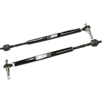 Two Yamaha YXZ Tie Rods by SDI in black metal, with logos, ball joints, and adjustment sections at each end are placed parallel on a white background—engineered for race-proven performance.