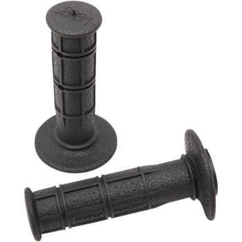 Two 707 Grips Black by Pro Grip are shown, one upright and one lying down. Each off-road grip features a flange at one end and a rectangular grid pattern for secure handling on tough terrain.