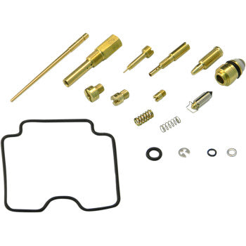 The Yamaha Carburetor Repair Kit by Shindy is displayed on a white background, featuring main and pilot jets, screws, springs, washers, a black rubber gasket, and float valves—all neatly arranged.