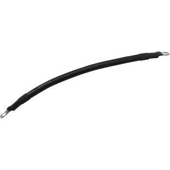 The Battery Cable 8" Black by Moose Offroad is a stranded copper wire with metal ring terminals on both ends, slightly curved against a white background—ideal for UTV second battery setups.