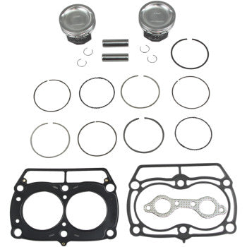 The Polaris Piston Kit with Gaskets 80.00 mm by Wiseco includes pistons, piston rings, a top-end gasket kit, clips, and pins—all displayed neatly on a white background.
