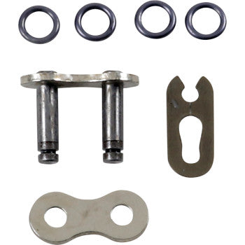 The 520 HPO O-Ring Clip Connecting Link Master Link by Moose Offroad includes a metal connecting link with two pins, four O-rings, a dual-hole plate, and a clip, all displayed on a white background.