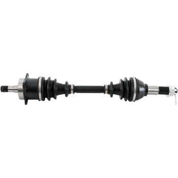 The Can Am Axle Kit Complete 8 Ball Extreme Duty Front Left by All Balls is a chromoly axle shaft with rubber boots, metal joints, and precision ball bearings at both ends, shown against a white background.