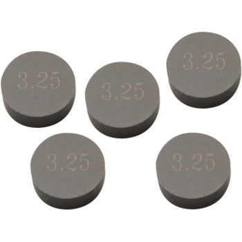 Five Prox Valve Shims (9.48 mm x 3.25 mm) are arranged on a white surface. Each precision machined metal disc is engraved with "3.25" on the top face and comes in a 5 pack.