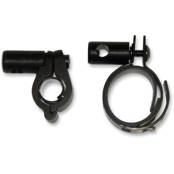 Two black metal 1 5/8" and 2 3/4" post mounts by Brite-Lites, each with adjustable aluminum clamps, are shown from different angles on a white background.