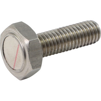A close-up of the Speed Sensor Magnet Bolt M6 x P1.1 x 19.7 mm L by Koso North America, featuring a hexagonal metal head, partially threaded shaft, and a single red line marking on top.