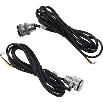 Pair of polished metal LED lights with amber lenses and long black wires for offroad vehicles.