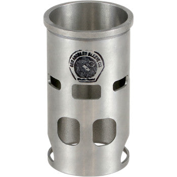 Silver metal cylinder sleeve with multiple rectangular cutouts and black logo on upper side.