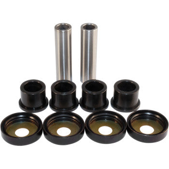 The A-Arm Repair Kit Front Upper Lower by Epi includes two metal rods, four black bushings, and four round washers, all neatly arranged in rows on a white background.