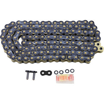 The 525 Max Z Drive Chain 120 Links Black & Gold by RK, designed for street bikes and high-horsepower use, comes with a master link, O-rings, and lubricant—displayed on a white background.