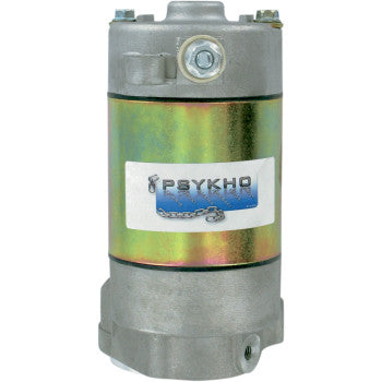 The Polaris Starter by Psykho is a cylindrical metallic OEM replacement motor with a silver and gold finish, PSYKHQ label featuring a chain graphic, and visible bolts on the top and bottom ends.