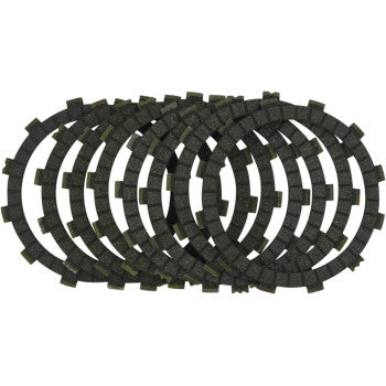 Eight round, dark Vesrah clutch plates with notched edges are arranged in an overlapping pattern on a white background, meeting OEM standards.