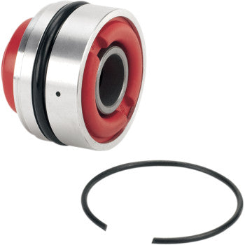 The Shock Seal Head 18 mm ID x 46 mm OD by Moose Offroad is a red metal double-lip oil seal with a rubber O-ring, shown beside an extra black O-ring on a white background. Perfect for shock body assembly.
