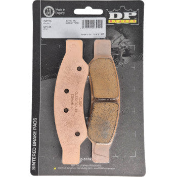 A package of two Can Am Maverick Sintered Brake Pads 1000R by DP Brakes for ATVs, made from sintered metal and displayed on a black and gray backing card with branding and product details at the top.