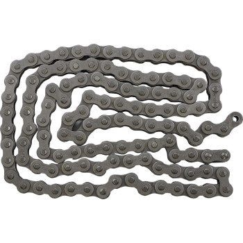 The 428 Standard Non Sealed Chain by Ek, featuring 116 interlocking links and a master link, is displayed coiled in a zigzag pattern on a white background.