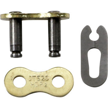 520 HDR GB Super Replacement Master Link Clip by Jt Chains includes two metal pins, a gold-colored plate marked JT520 HDP2, and a separate dark gray retaining clip, all displayed on a white background.