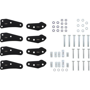The Viking Lift Kit by Demon includes black metal “F04” and “R04” brackets, bolts, nuts, washers, and spacers arranged on a white background—perfect for increasing vehicle ground clearance or fitting larger tires.