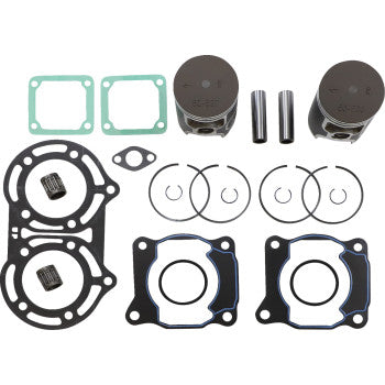 The Yamaha Top End Rebuild Kit 64.00 mm Platinum Series by Wsm includes two pistons, head gaskets, piston rings, pins, racing needle bearings, and other small parts arranged neatly on a white background.