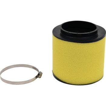 Cylindrical yellow foam air filter with black rubber edges and metal clamp band.