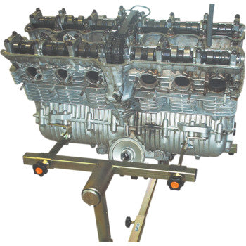 A V6 engine, partially disassembled with visible camshafts, cylinder heads, and valves after pan removal, is mounted on the Engine Stand by K&L Supply.