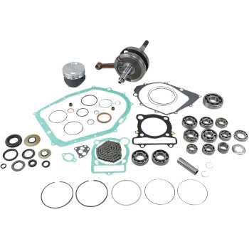 The Yamaha Raptor Yamaha Warrior X 350 Engine Rebuild Kit by Vertex includes essential engine components like bearings, piston kit, crankshaft, seals, rings, and gaskets—all neatly displayed on a white background.