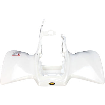 The Rear Fender White Honda TRX R by Maier is a glossy, high-density polyethylene fender with vacuum-formed bodywork, featuring a small logo sticker and warning label on one side.
