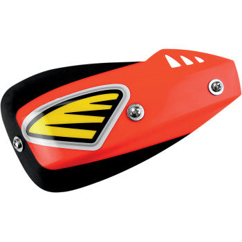 Red and black curved handshield with yellow and black Cycra logo and ventilation slits.