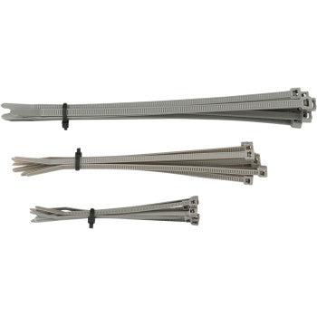 Three bundles of Moose Offroad Cable Ties Grey 30 Pack, each with different lengths and secured with a black tie, are displayed on a white background. These high-quality cable ties are made in the USA.