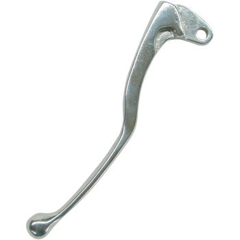 The Clutch Lever Polished by Parts Unlimited is a high-quality, silver alloy replacement lever featuring a polished finish, a subtle curve, and a mounting hole for easy installation.