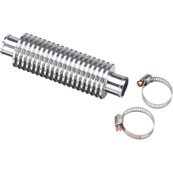 The In Line Cooler Silver by Moose Offroad is a metal flexible radiator coolant hose with a ribbed design for better heat dissipation, and includes two adjustable hose clamps, displayed on a white background.
