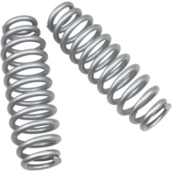 Two High Lifter Shock Springs Rear Silver, perfect as replacement OEM shocks, are lying side by side with a slight overlap on a white background.