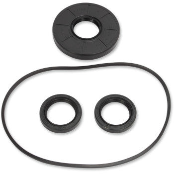 The Polaris Differential Seal Kit Front by Moose Offroad includes three black circular rubber seals and one thin oval O-ring on a white surface—perfect for differential service or EMQ quality bearings.