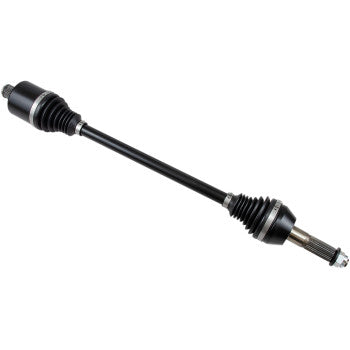 The Polaris RZR / Ranger Axle Complete Heavy Duty Rear Left & Right by Demon features a black chromoly steel drive shaft with CV joint upgrade and protective rubber boots on both ends, shown isolated on a white background.