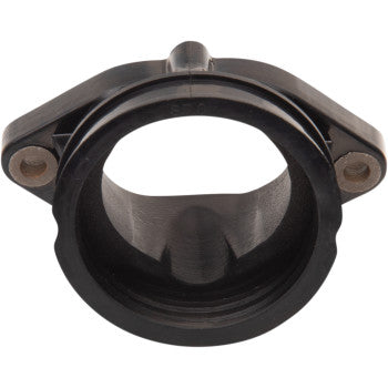 The Polaris Replacement Intake Boot by Quad Logic is a black plastic manifold boot with two metal bolt holes, flanged edges, a rounded top opening, and an integrated rubber seal for secure fit.