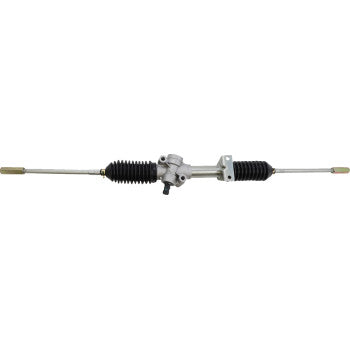 The Steering Rack by Moose Offroad features metal rods, rubber boots on both ends, tie-rod ends for smooth operation, and central mounting brackets.