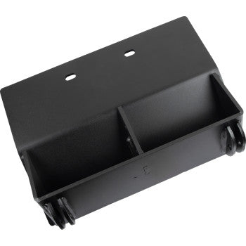 Black steel plow mount bracket with two mounting holes and reinforced attachment points.